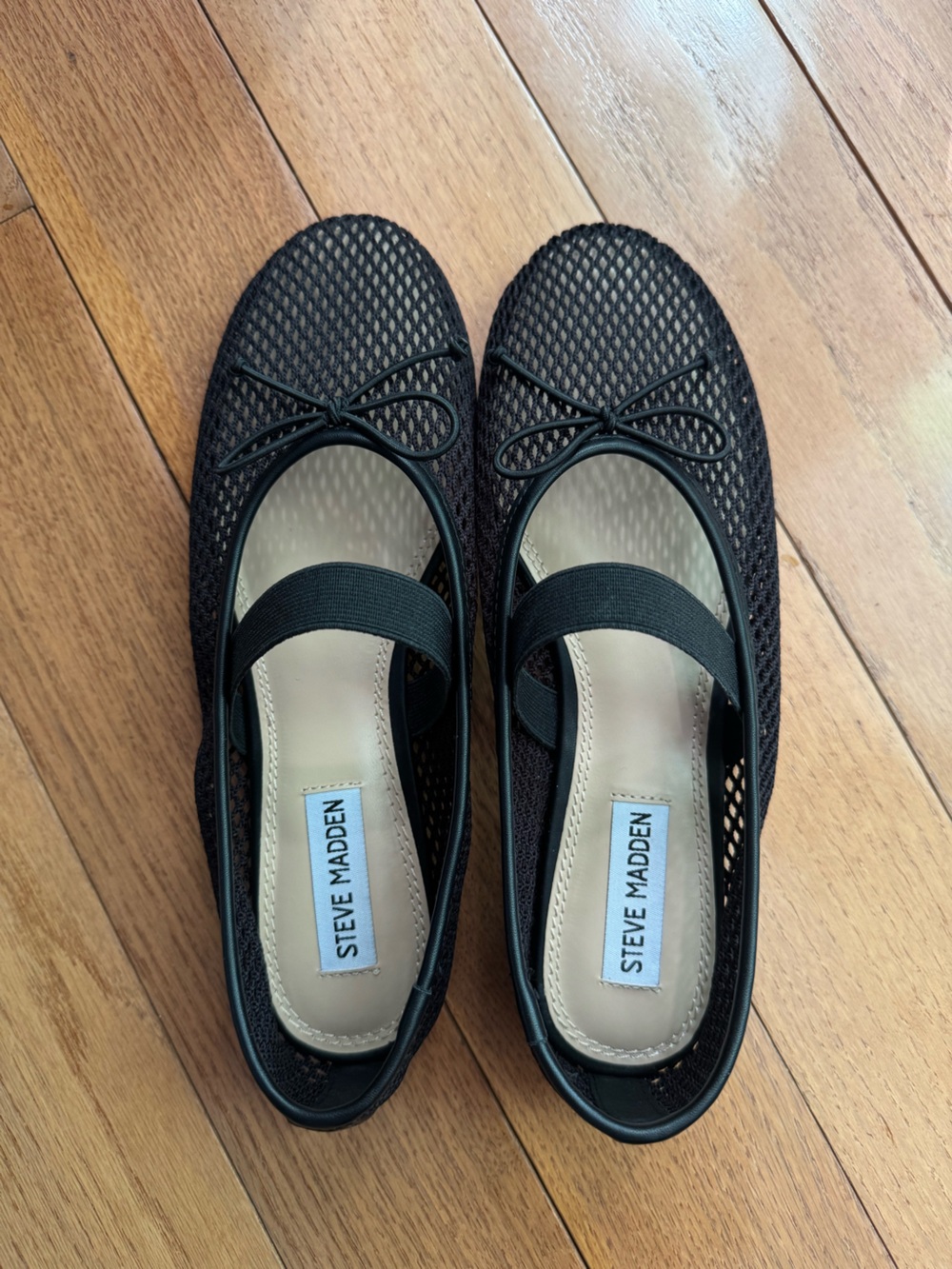 Steve Madden Palm Black Mesh Ballet Flats with Bow and Elastic Strap